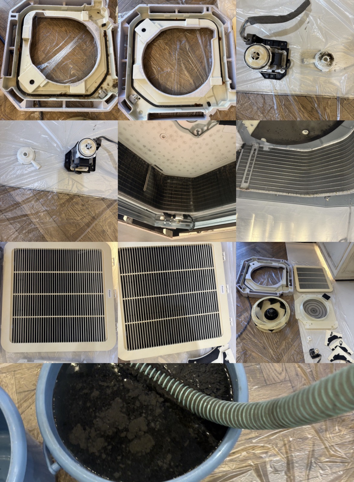 大阪市中央区の美容室で実施した天井埋込型(天カセ4方向)業務用エアコン3台のクリーニング施工事例。分解したドレンパン・送風ファン・フィルター・熱交換器の汚れと、高圧洗浄で回収した汚水の様子。