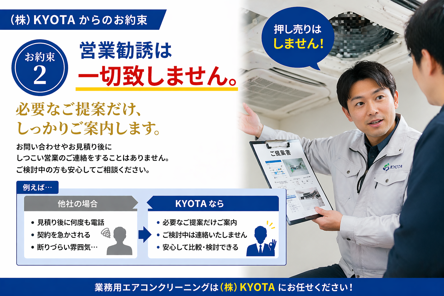 大阪の業務用エアコンクリーニングで営業や押し売りを一切行わない安心相談対応の説明画像